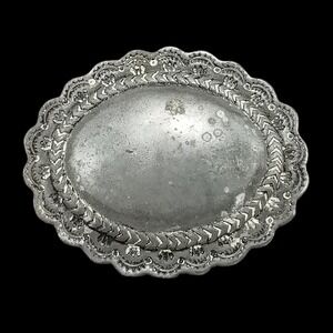 Belt Buckle Vintage Scalloped Oval Silver Tone Embossed Western Boho Accessory
